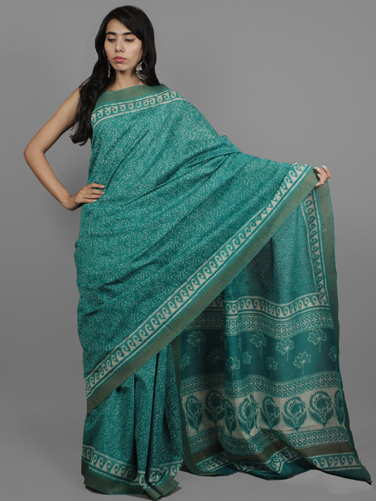 Green Ivory Chanderi Hand Block Printed Saree With Ghicha Border - S031702452