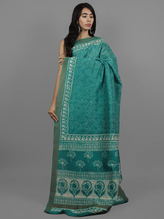 Green Ivory Chanderi Hand Block Printed Saree With Ghicha Border - S031702452