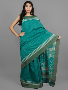 Green Ivory Chanderi Hand Block Printed Saree With Ghicha Border - S031702455