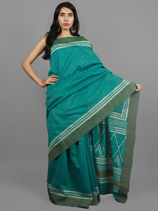 Green Ivory Chanderi Hand Block Printed Saree With Ghicha Border - S031702455