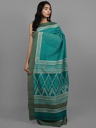 Green Ivory Chanderi Hand Block Printed Saree With Ghicha Border - S031702455