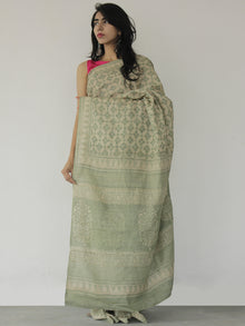 Tussar Handloom Silk Hand Block Printed Saree in Pistachio Green Ivory - S031702532