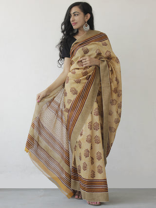 Beige Yellow Brown Hand Block Printed Chanderi Saree With Ghicha Border - S031702459