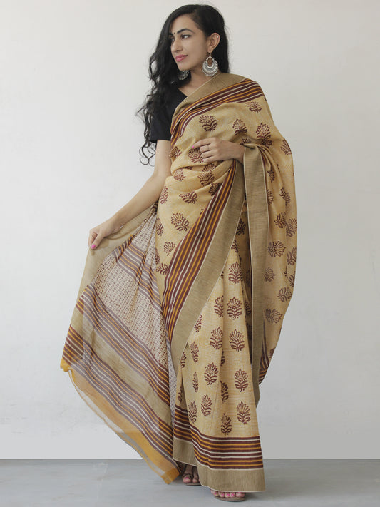 Beige Yellow Brown Hand Block Printed Chanderi Saree With Ghicha Border - S031702459