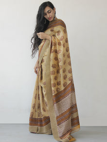 Beige Yellow Brown Hand Block Printed Chanderi Saree With Ghicha Border - S031702459