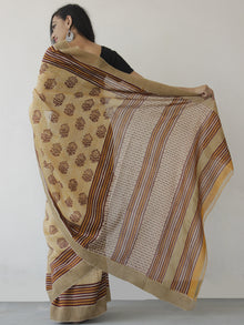 Beige Yellow Brown Hand Block Printed Chanderi Saree With Ghicha Border - S031702459