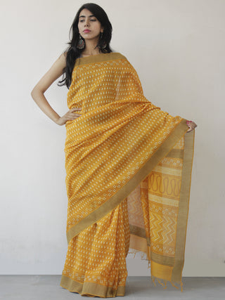 Yellow Ivory Hand Block Printed Chanderi Saree With Ghicha Border - S031702462