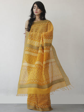 Yellow Ivory Hand Block Printed Chanderi Saree With Ghicha Border - S031702462