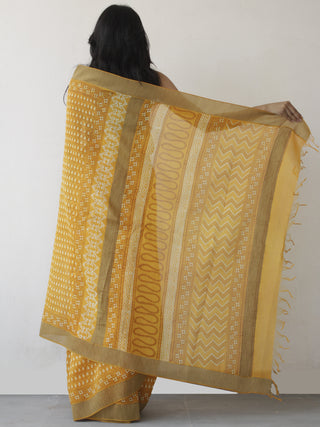 Yellow Ivory Hand Block Printed Chanderi Saree With Ghicha Border - S031702462