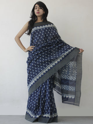 Indigo White Hand Block Printed Chanderi Saree With Ghicha Border - S031702464