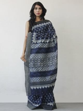 Indigo White Hand Block Printed Chanderi Saree With Ghicha Border - S031702464