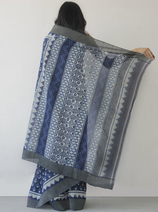 Indigo White Hand Block Printed Chanderi Saree With Ghicha Border - S031702464