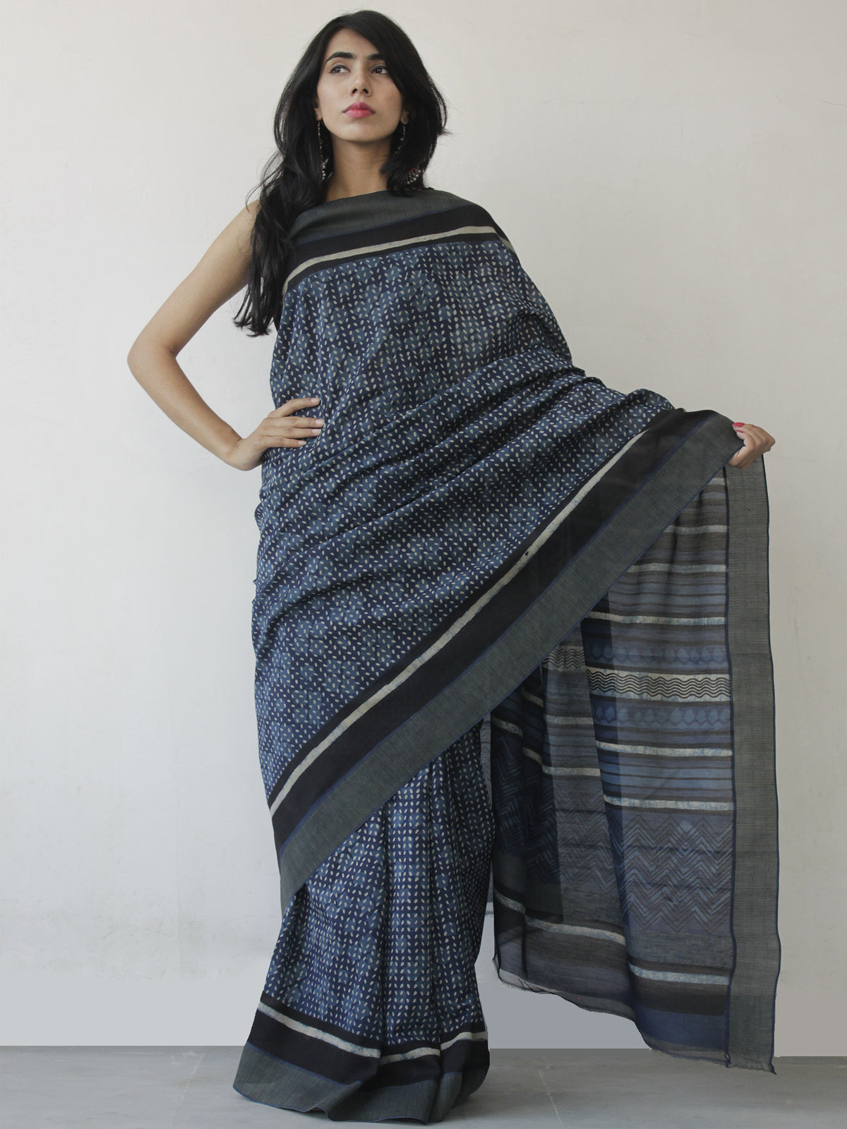 Indigo White Black Hand Block Printed Chanderi Saree With Ghicha Border - S031702468