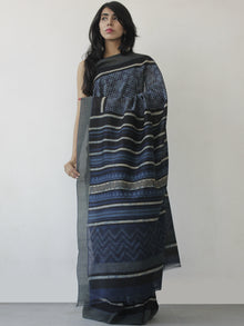 Indigo White Black Hand Block Printed Chanderi Saree With Ghicha Border - S031702468