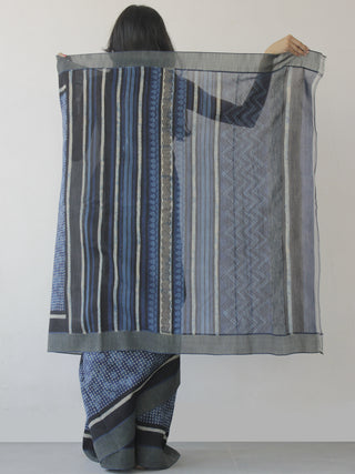 Indigo White Black Hand Block Printed Chanderi Saree With Ghicha Border - S031702468