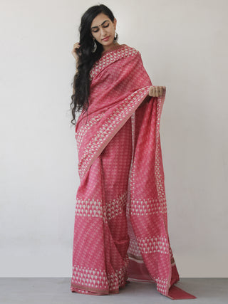 Pink White Hand Block Printed Chanderi Saree With Ghicha Border - S031702467