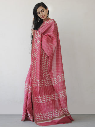 Pink White Hand Block Printed Chanderi Saree With Ghicha Border - S031702467