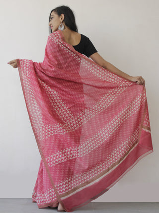 Pink White Hand Block Printed Chanderi Saree With Ghicha Border - S031702467