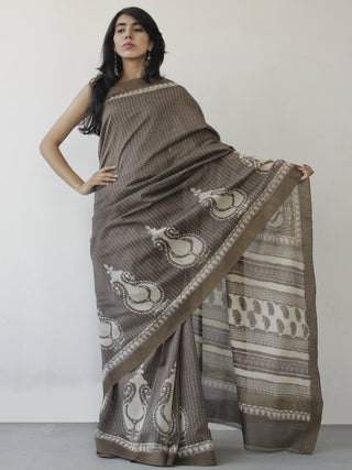Kashish Brown Ivory Hand Block Printed Chanderi Saree With Ghicha Border - S031702456