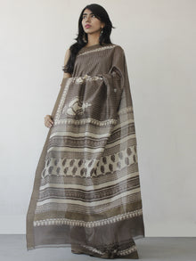 Kashish Brown Ivory Hand Block Printed Chanderi Saree With Ghicha Border - S031702456