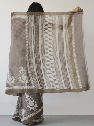 Kashish Brown Ivory Hand Block Printed Chanderi Saree With Ghicha Border - S031702456