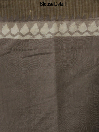 Kashish Brown Ivory Hand Block Printed Chanderi Saree With Ghicha Border - S031702456