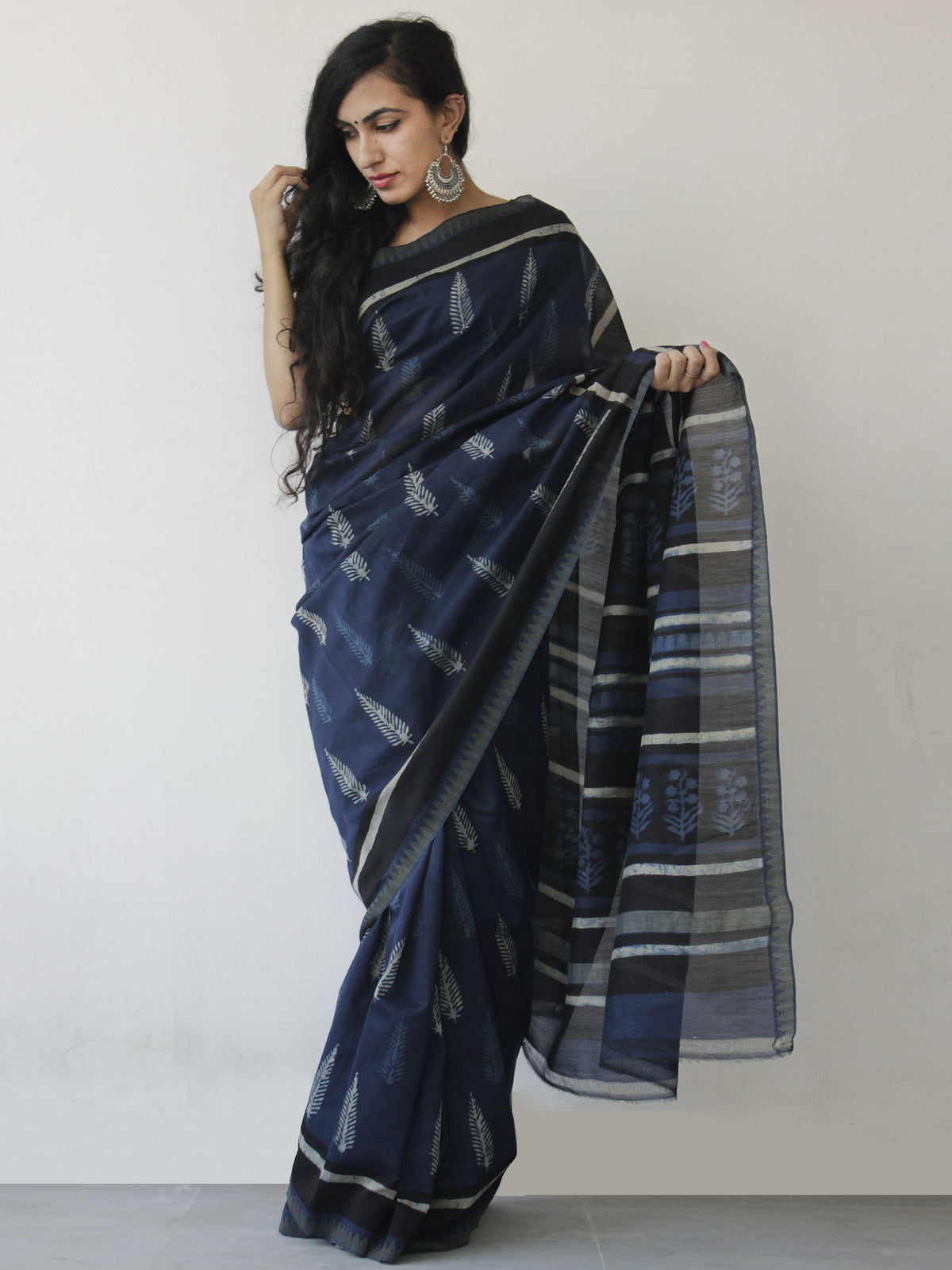 Indigo Ivory Black Hand Block Printed Chanderi Saree With Ghicha Border - S031702471