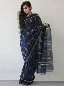 Indigo Ivory Black Hand Block Printed Chanderi Saree With Ghicha Border - S031702471