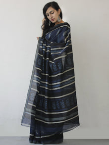 Indigo Ivory Black Hand Block Printed Chanderi Saree With Ghicha Border - S031702471