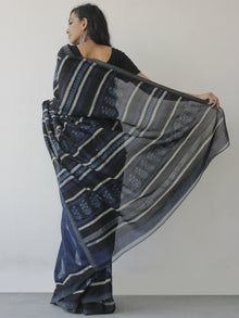 Indigo Ivory Black Hand Block Printed Chanderi Saree With Ghicha Border - S031702471
