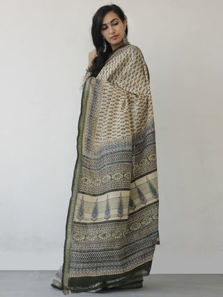 Beige Black Indigo Green Handloom Cotton Hand Block Printed Saree in Natural Dyes - S031702475