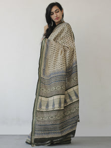 Beige Black Indigo Green Handloom Cotton Hand Block Printed Saree in Natural Dyes - S031702475