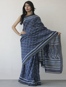 Indigo White Hand Block Printed Chanderi Saree With Ghicha Border - S031702463
