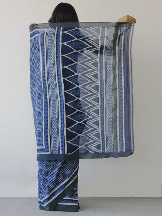Indigo White Hand Block Printed Chanderi Saree With Ghicha Border - S031702463