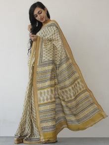 Beige Mustard Black Handloom Cotton Hand Block Printed Saree in Natural Dyes - S031702479