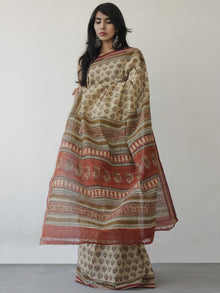Beige Maroon Black Handloom Cotton Hand Block Printed Saree in Natural Dyes - S031702480