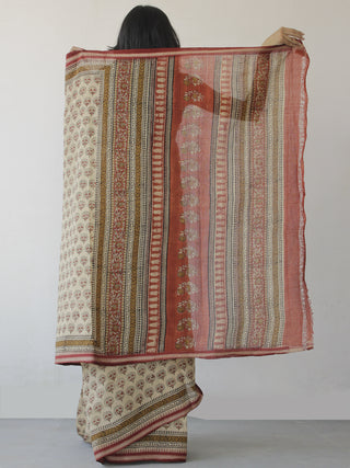 Beige Maroon Black Handloom Cotton Hand Block Printed Saree in Natural Dyes - S031702480