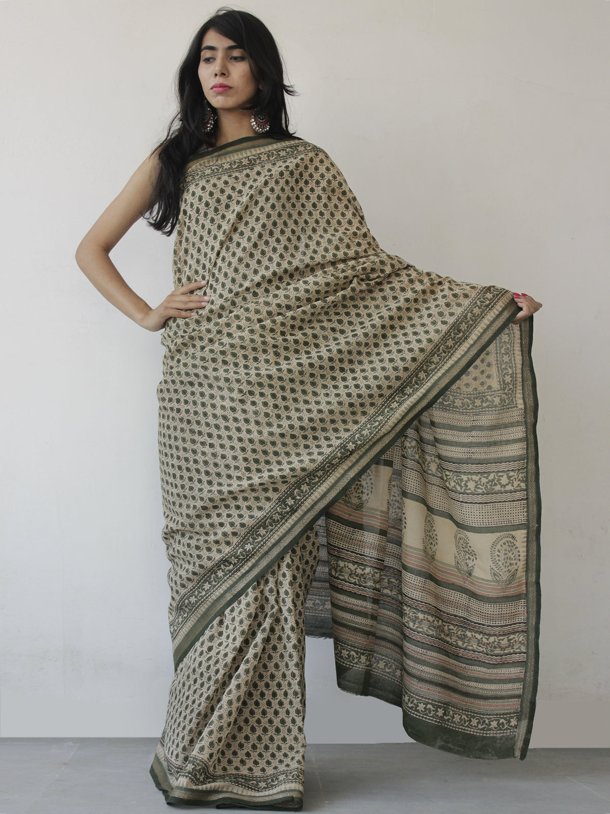Beige Green Black Handloom Cotton Hand Block Printed Saree in Natural Dyes - S031702484