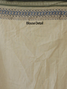 Beige Blue Green Black Handloom Hand Block Printed Saree in Natural Dyes - S031702485