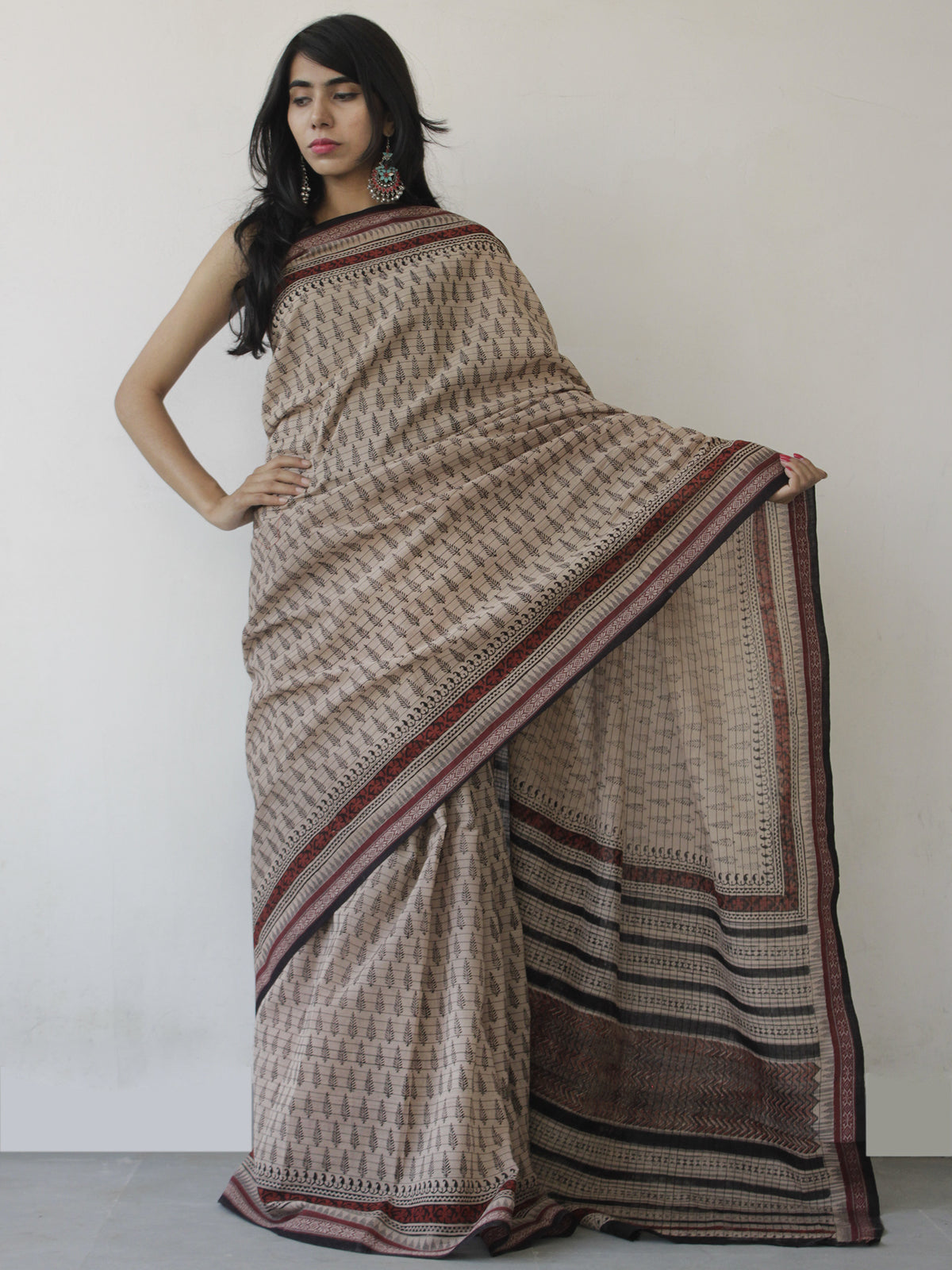 Beige Black Maroon Handloom Cotton Hand Block Printed Saree in Natural Dyes - S031702488