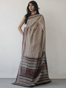 Beige Black Maroon Handloom Cotton Hand Block Printed Saree in Natural Dyes - S031702488