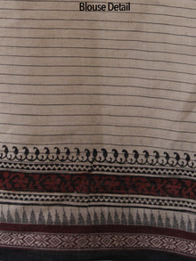 Beige Black Maroon Handloom Cotton Hand Block Printed Saree in Natural Dyes - S031702488
