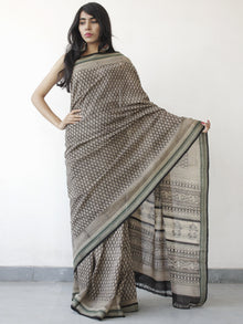 Beige Black Handloom Cotton Hand Block Printed Saree in Natural Dyes - S031702474