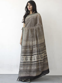 Beige Black Handloom Cotton Hand Block Printed Saree in Natural Dyes - S031702474