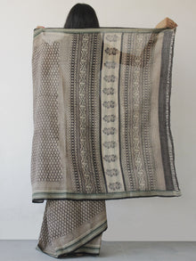 Beige Black Handloom Cotton Hand Block Printed Saree in Natural Dyes - S031702474