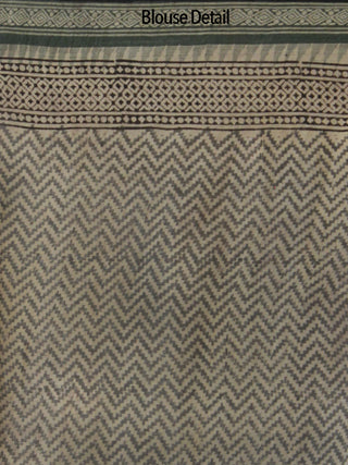 Beige Black Handloom Cotton Hand Block Printed Saree in Natural Dyes - S031702474