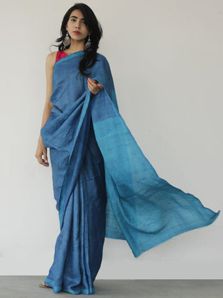 Tussar Handloom Silk Hand Painted Saree in Metallic Blue - S031702533