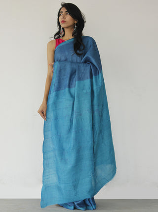 Tussar Handloom Silk Hand Painted Saree in Metallic Blue - S031702533