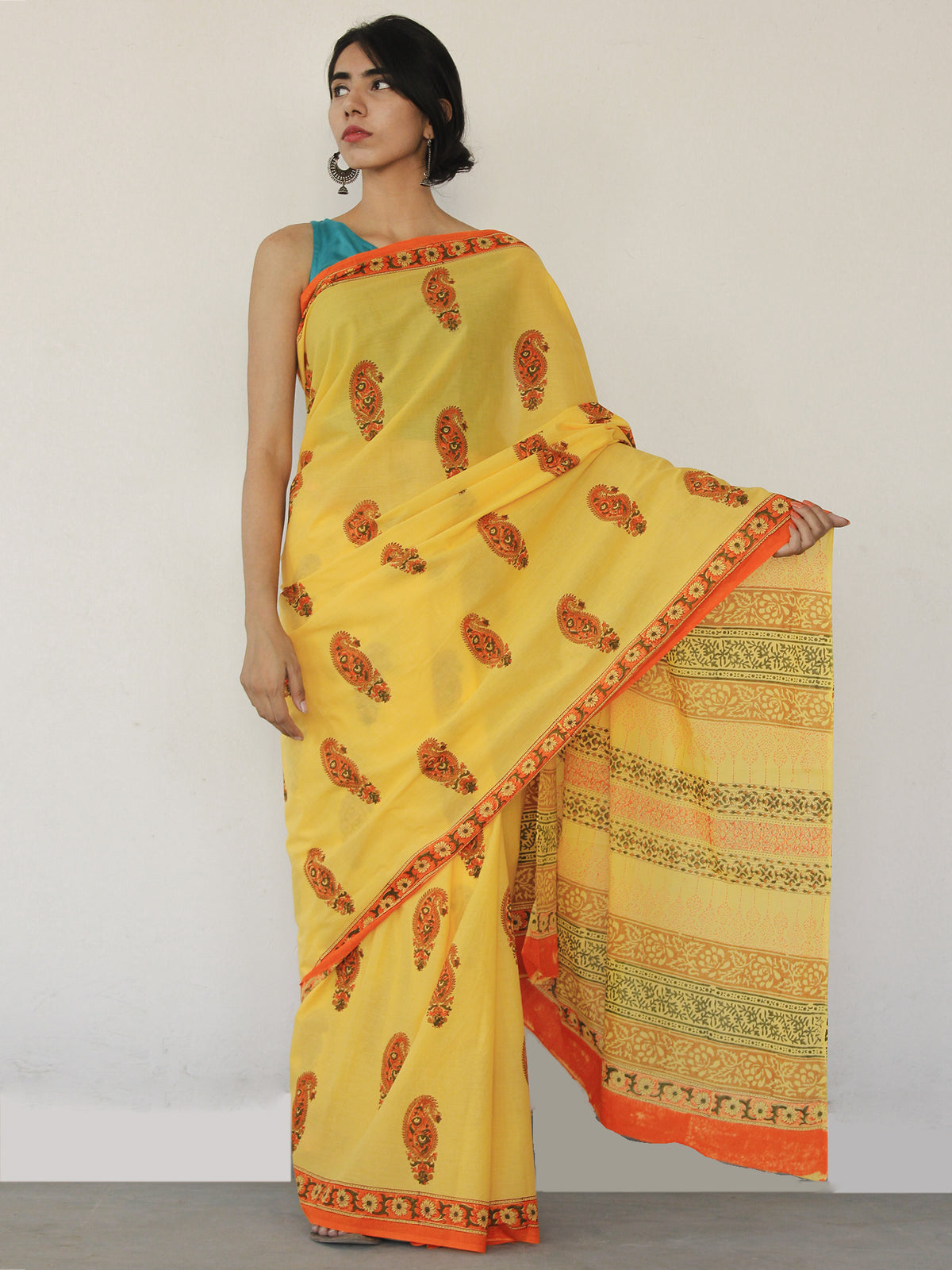 Yellow Orange Green Hand Block Printed Cotton Mul Saree - S03170001