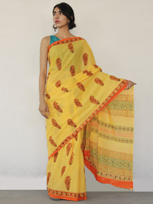 Yellow Orange Green Hand Block Printed Cotton Mul Saree - S03170001